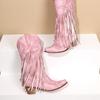 Women Western Cowboy Boots Block Medium Heels Tassel Fringe Kneehigh Boots Lady Winter Shoes