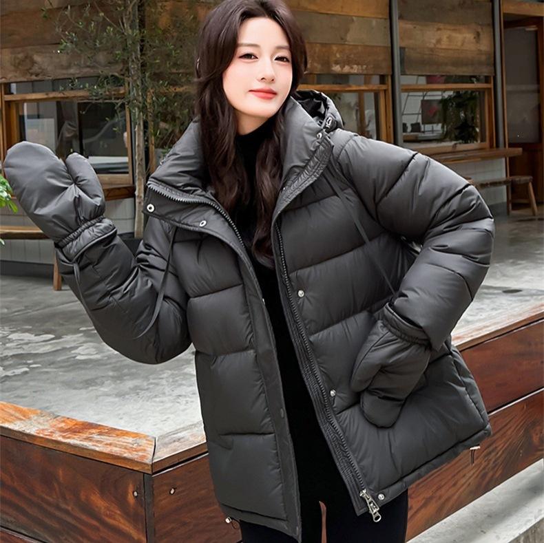 Export women's large twill hooded cotton-padded clothes, waist belt, medium and long styles, small people to keep warm