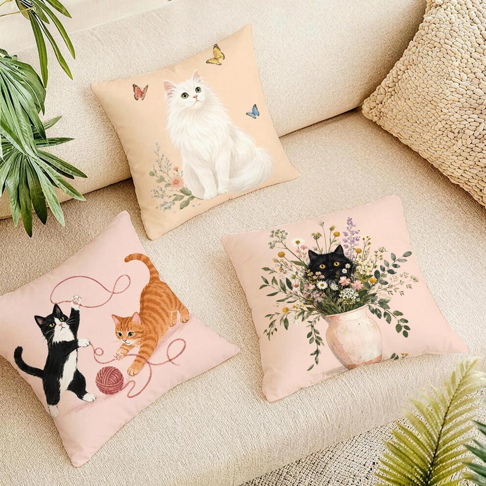 Cat Is Leisure Life Square Cushion Cover Durable Hypoallergenic Organic Linen Pillow Cover Short Size Washable Skin-Friendly