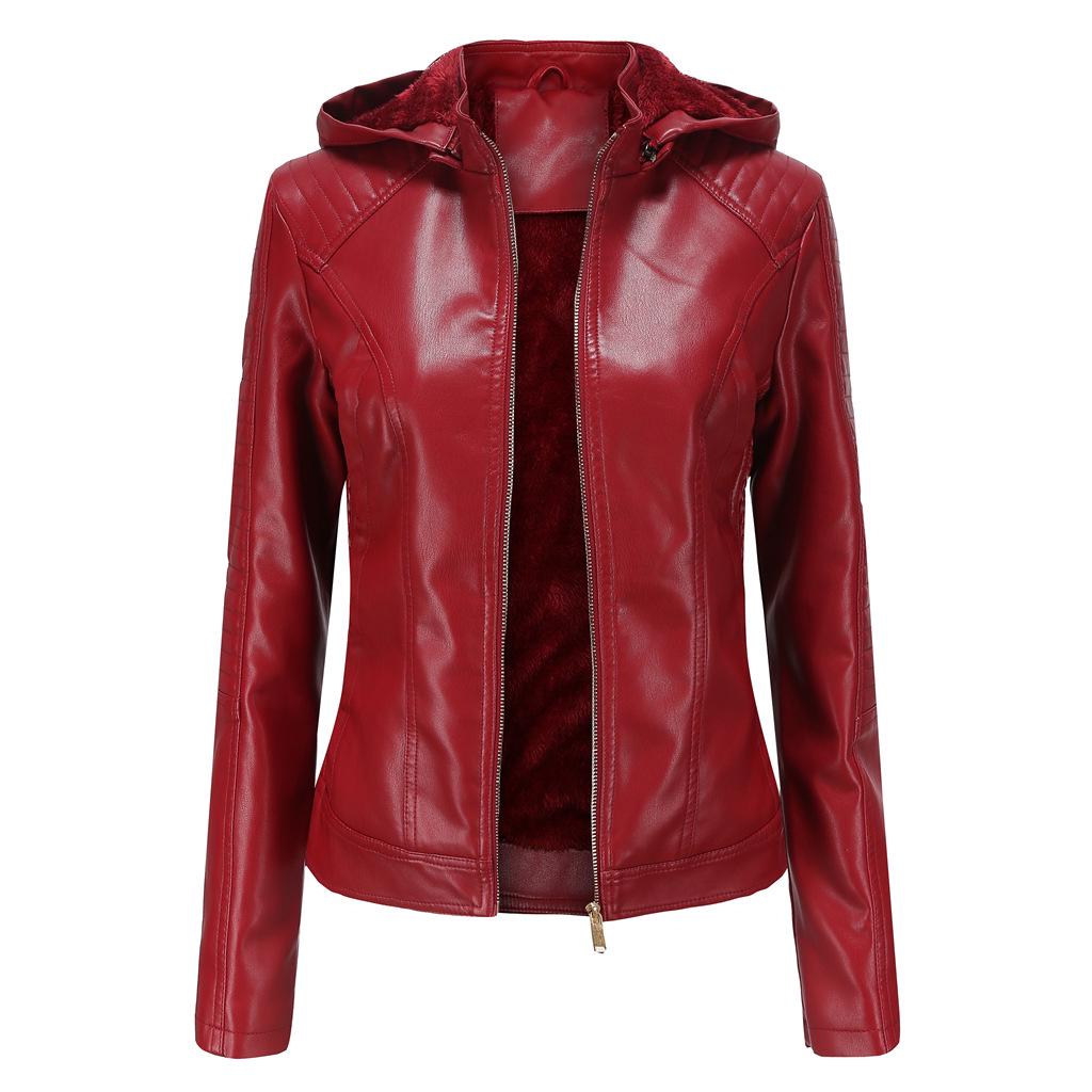 European and American Style Women's Faux Leather Jacket with Fleece Lining, Hooded, Short Length, Warm and Casual Jacket for Autumn and Winter.