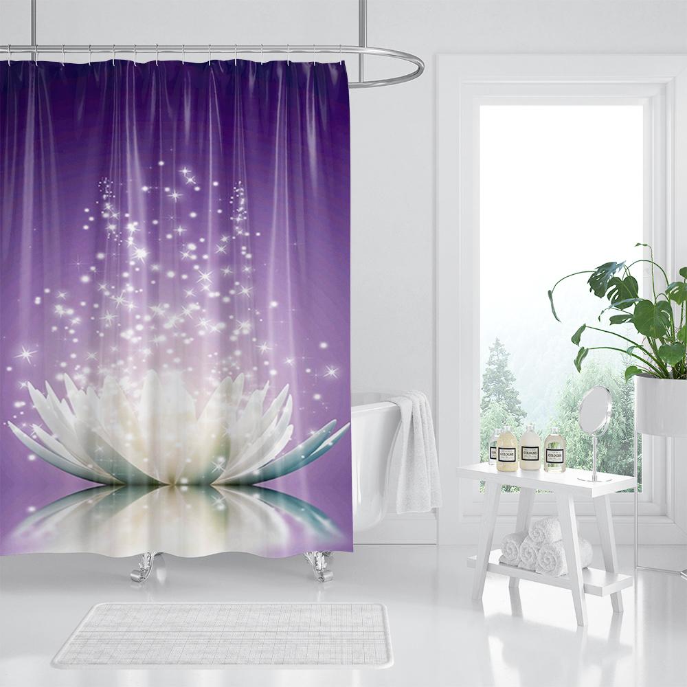 White Lotus Flower Shower Curtains for Zen Spa Bathroom Decor, Asian Floral Polyester Bath Curtain Set, Gift for Women and Girls
