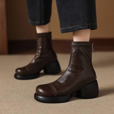 Новые женские модные ботинки большого размера с круглым носком и толстой подошвой, удобные и нескользящие, с задней молнией, на высоком каблуке, круглый носок, квадратный каблук.