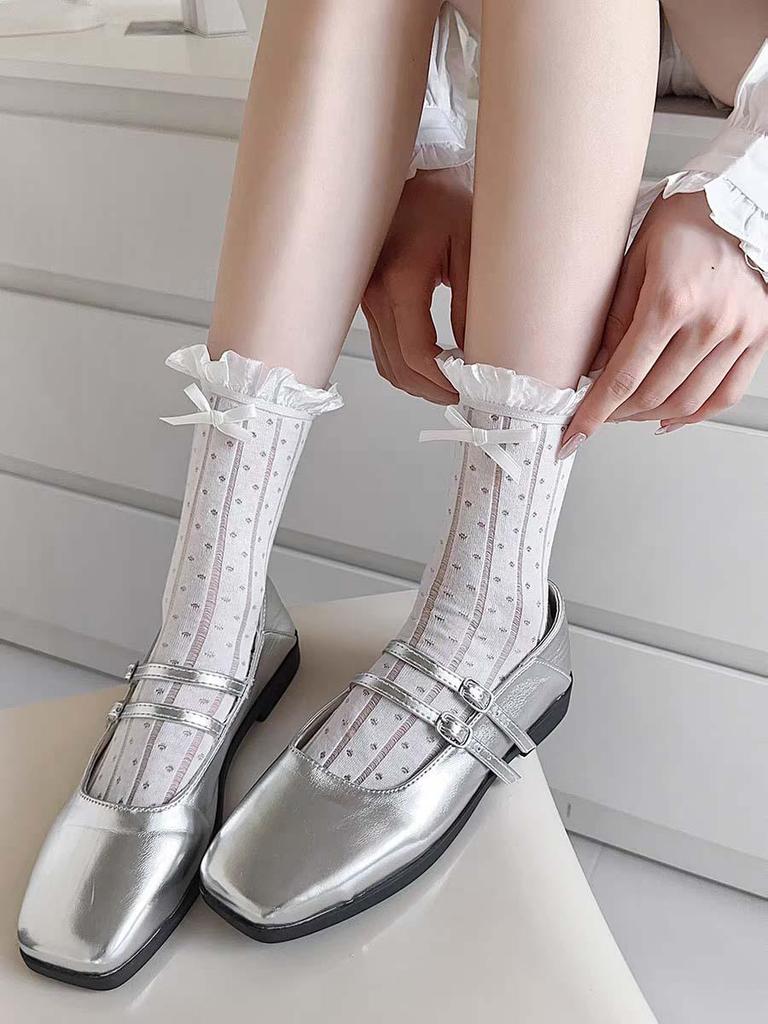 Lolita Lace Frill Mid-Calf Socks with Bow Ribbon - White Ballet Style JK Knee-Highs for Spring & Autumn