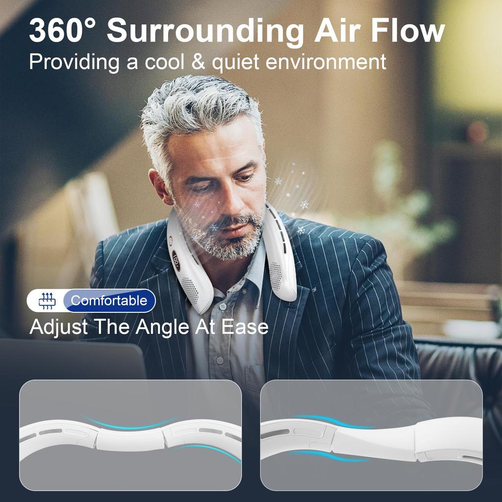 2000 мАч Подвесной шейный вентилятор с тремя скоростями, регулируемый, мощный вентилятор с воздушным охлаждением, зарядка через USB, цифровой дисплей, безлопастной шейный вентилятор