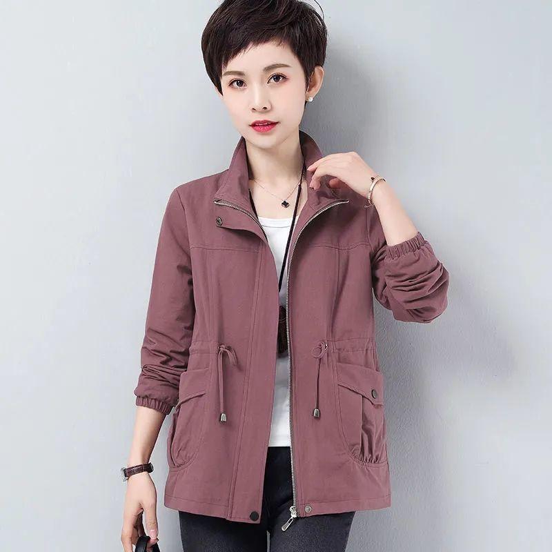 Двухслойная женская ветровка больших размеров на весну-осень в Корейском стиле с подкладкой на шнурке и воротником-стойкой на талии