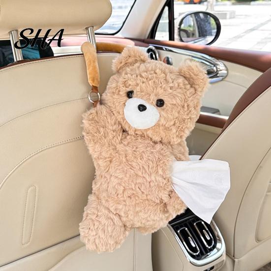 Auto Paper Towel Storage Cute Animal Car Tissue Holder, Plush Bear/Dog/Cat/Panda/Raccoon Hanging Napkin Dispenser with Soft Velvet Wide Strap,