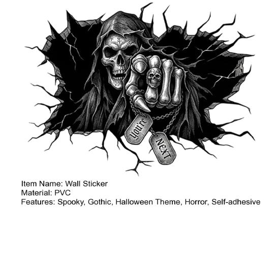 Dark Gothic Home Decor Grim Reaper Wall Sticker, 3D Breaking Through Art Decal, Window Display Decal Scary Skull Mural for Bar Pub Halloween