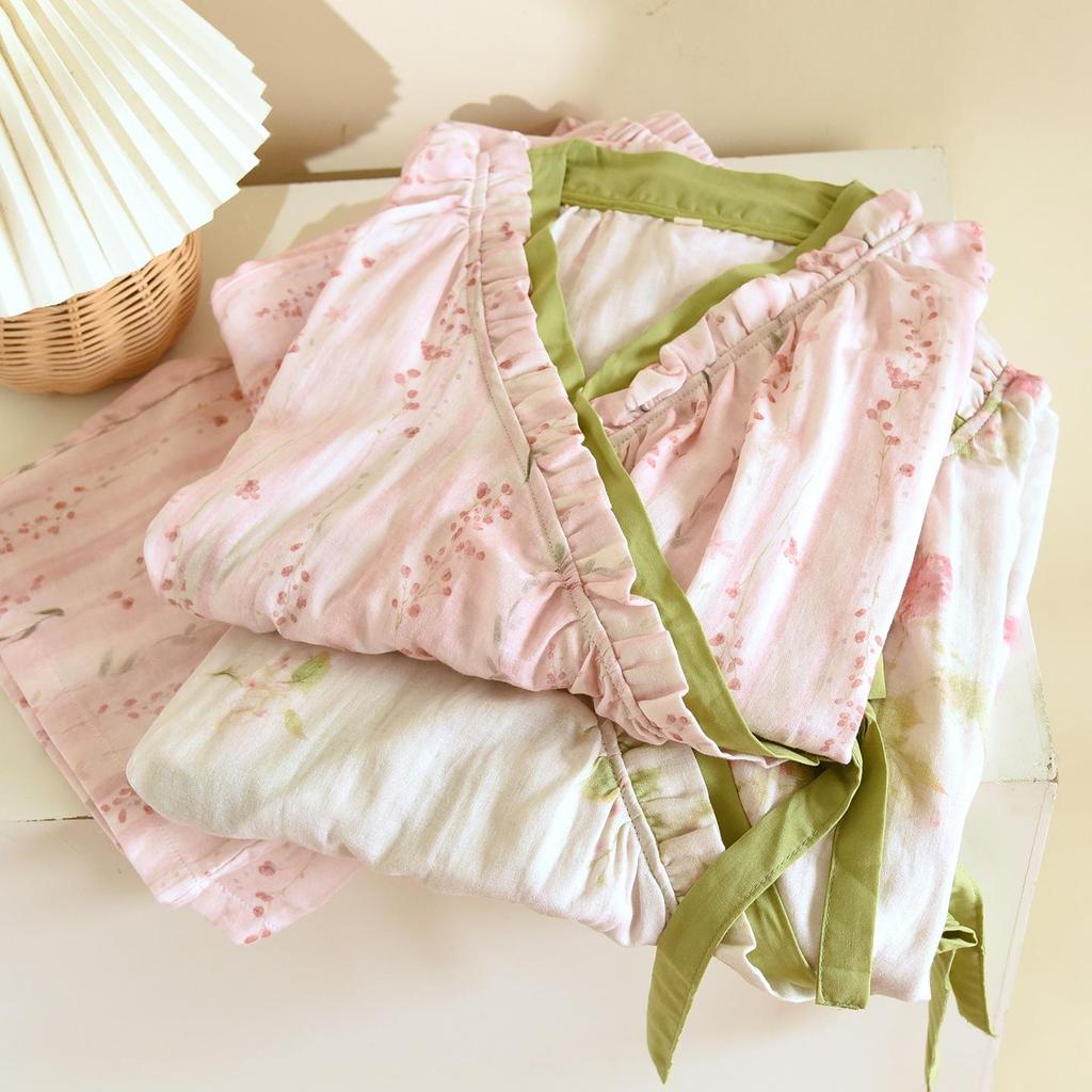 Женский пижамный комплект кимоно из чистого хлопка – с длинным рукавом и брюками для весны/осени, для ношения дома/на улице