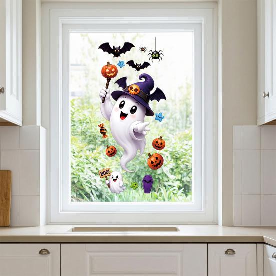 Reusable Holiday Window Film Halloween Witch Hat Ghost Clings, Spiders Bat Pumpkin Spooky Party Supplies Stickers for Home Store Glass Decoration PVC