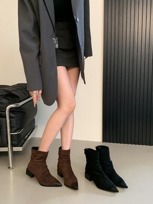 Модные женские ботильоны с острым носком, черные, коричневые, с застежкой-молнией сзади, короткие, челси, боты, толстые, среднего каблука, модные туфли для женщин, размер 35-39