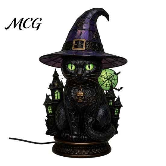 Vintage Style Table Lamp Witch Hat Lamp, Stained LED Light, Halloween with Warm Glow, Gothic Reading Nook Decor Night Light for Bedroom Mantel