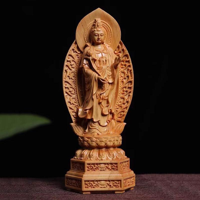 Boxwood Carving The Three Saints of the West Buddha Statue of Tathagata Guanyin Home Buddha Hall Worship Wooden Crafts Gift