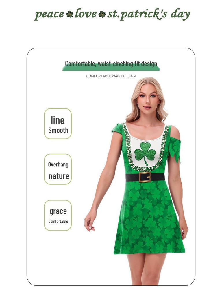 Clover St. Patrick's Day Irregular Sleeve Dress with Digital Print Skirt for Women