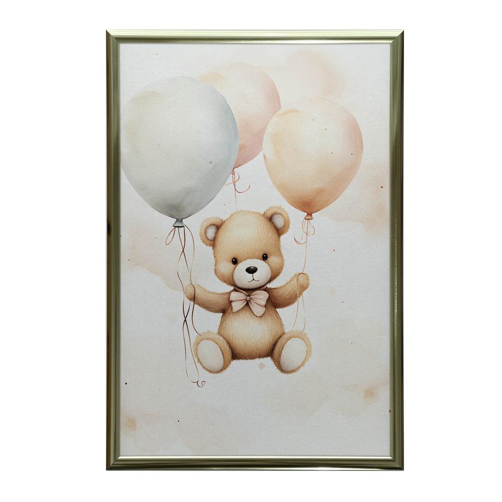 Miś W Balonowej Podróży Miś W Balonowej Podróży, 40X50 Cm, Rama Aluminiowa Złota, Papier Matowy 230 Gsm