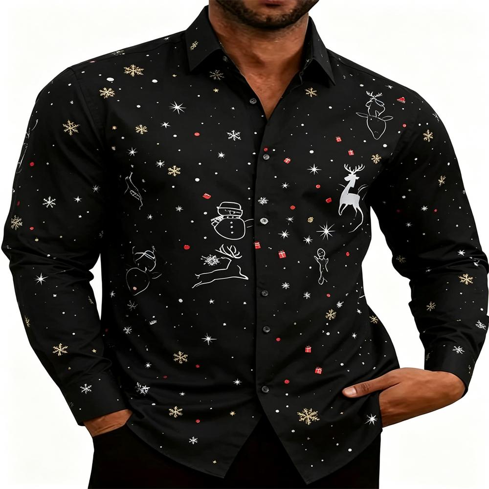 Men Christmas Print Long Sleeve Shirt Santa Reindeer Snowman Man Lapel Button Up Shirts Xmas Holiday Party Casual Tops For Men