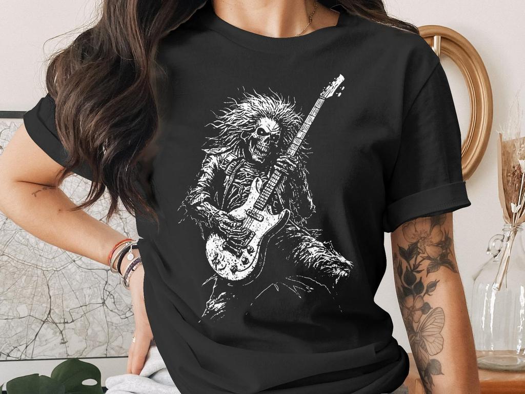 Heavy Metal Skeleton Guitarist T-Shirt, Rock and Roll Skull Tee, Goth Music Lover Shirt, Grunge Skeleton Band Tee, Musician Gift