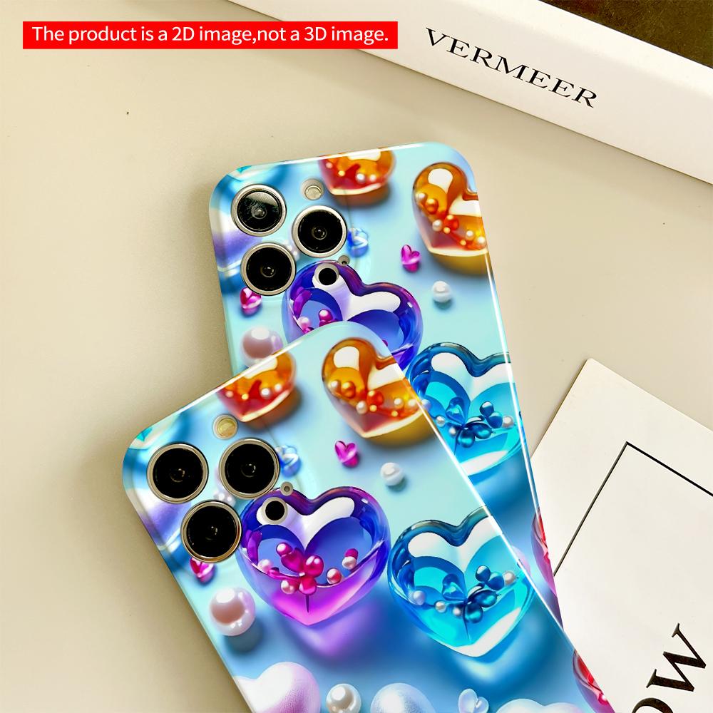 2DFlat Colorful Heart Gems Phone Case All inclusive film hard phone case, compatible with iPhone 18 Pro Max 17 16 15 14 13 12 11