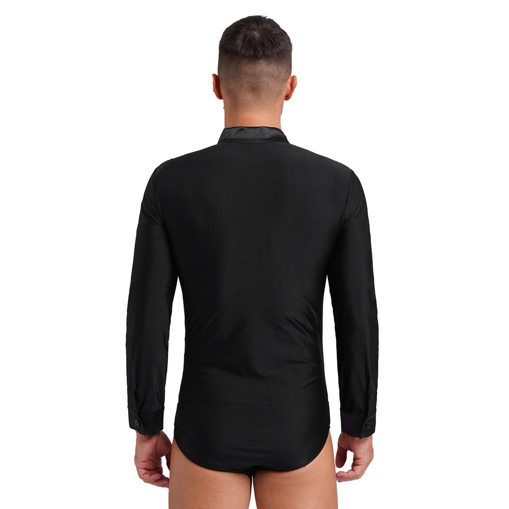 Mens Dance Leotard Glittery Rhinestones V Neck Design Long Sleeve Satin Patchwork Bodysuit