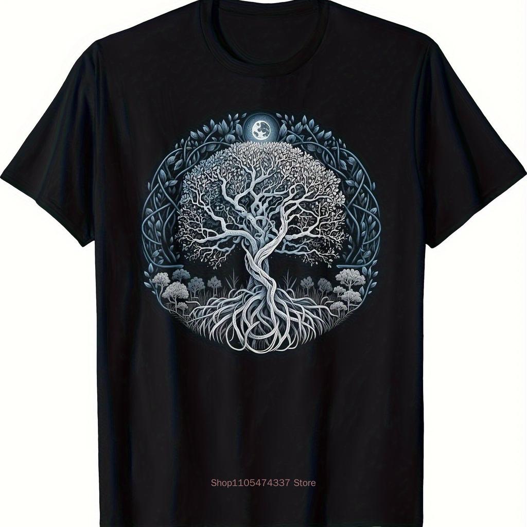 Unisex Cotton Viking Mythology Tshirt Yggdrasil Tree With Moon Stars Norse Graphic Tee Black Blue Viking Design Unisex Clothing
