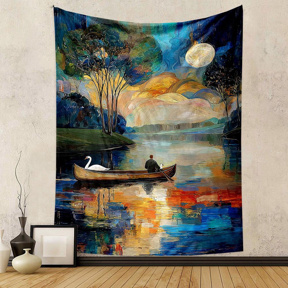 "Moonlit Lake with Swan and Boat Scene" Patterned tapestry home decor, suitable for bedroom and living room, gift