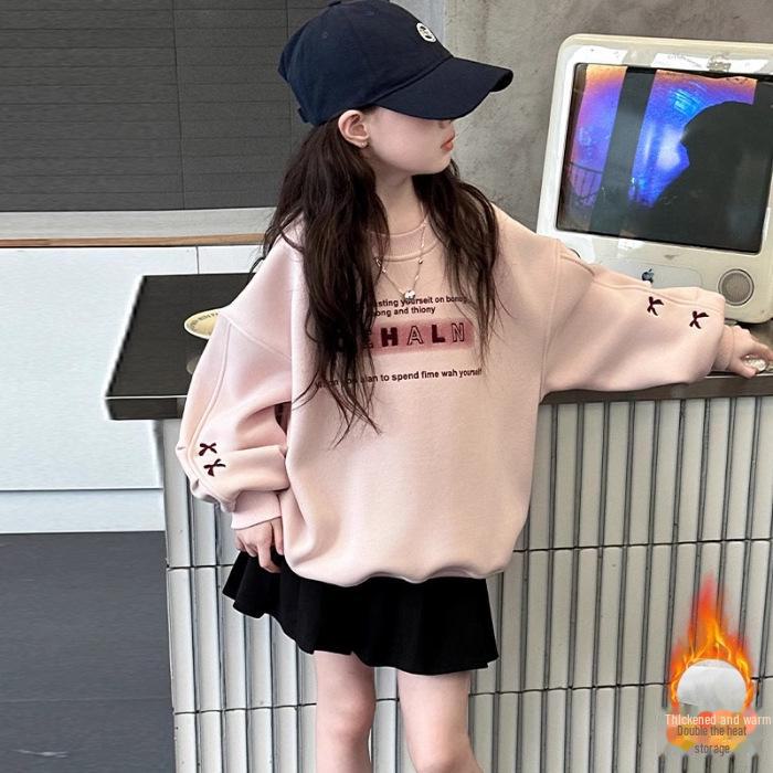 Свитер Heart Plus Velvet для девочек — милый пуловер с длинными рукавами для детей, осенне-зимний корейский стиль, однотонный универсальный дизайн.