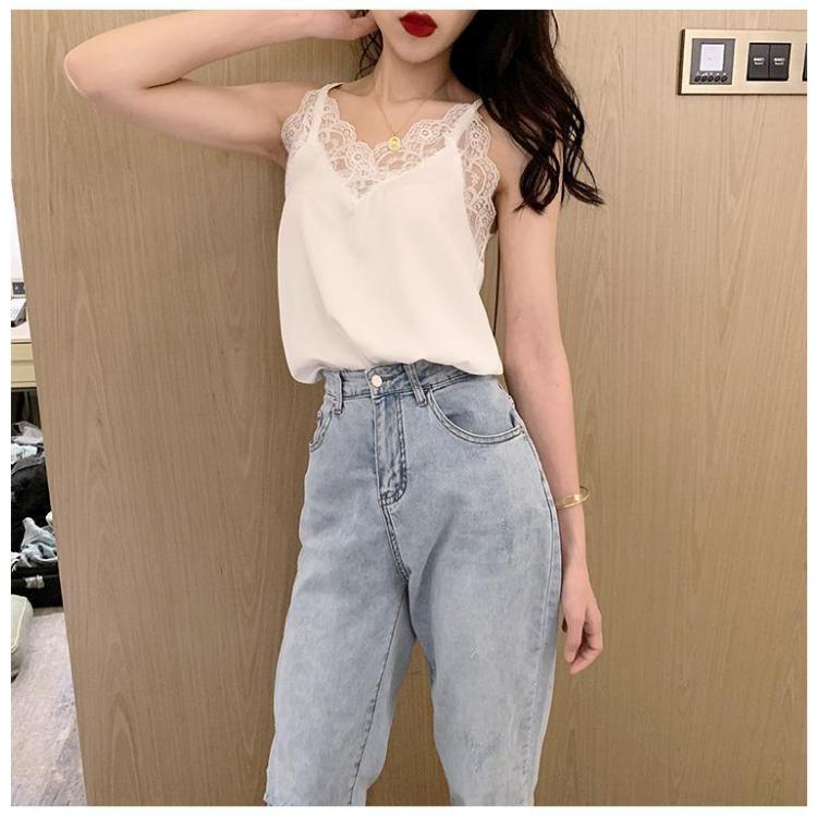 White Suspender Female Lace Vest Summer Suit with V-neck Large Top Lace Bottom Loose Solid Casual Top