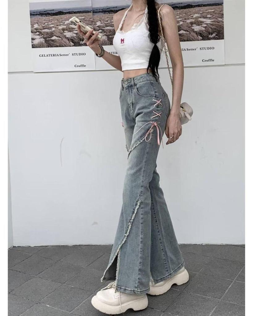 Women's 2024 Split Flare Jeans with Strap Design - American Style, Spring & Fall Casuals