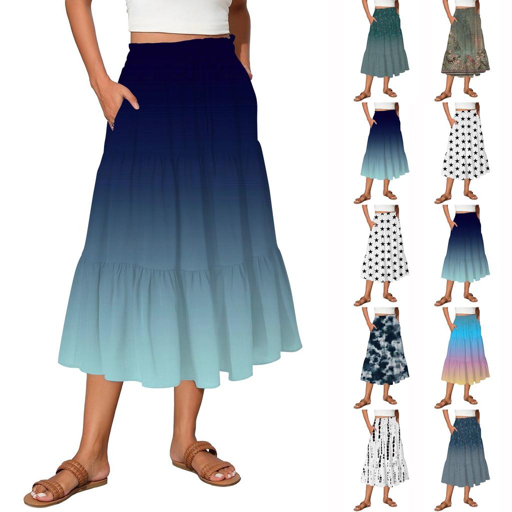 Женская винтажная градиентная струящаяся расклешенная юбка-макси с оборками