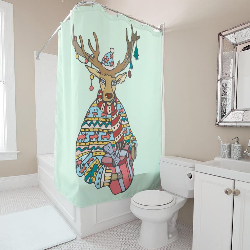 TU Cute Reindeer Christmas Shower Curtain Festive Holiday Forest Animal Bathroom Decor Waterproof Home Decor Gift Idea Holiday S