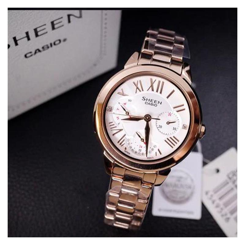 Casio SHEEN 50 метров водонепроницаемые кварцевый механизм стальной ремешок японские и корейские часы женские часы серебристый циферблат SHE-3059PG-7A