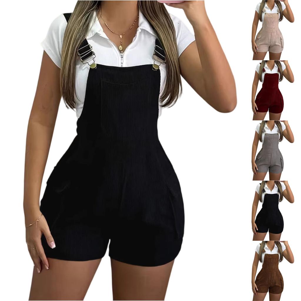 Women's Fashionable Casual Multi-Pocket Corduroy Suspender Jumpsuit Shorts