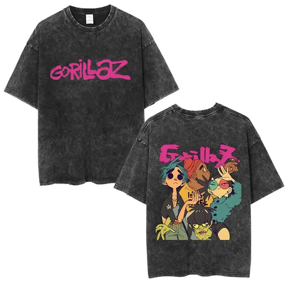 Gorillaz Виртуальная группа Двусторонняя графическая печать Винтажная стирка Оверсайз Уличная футболка
