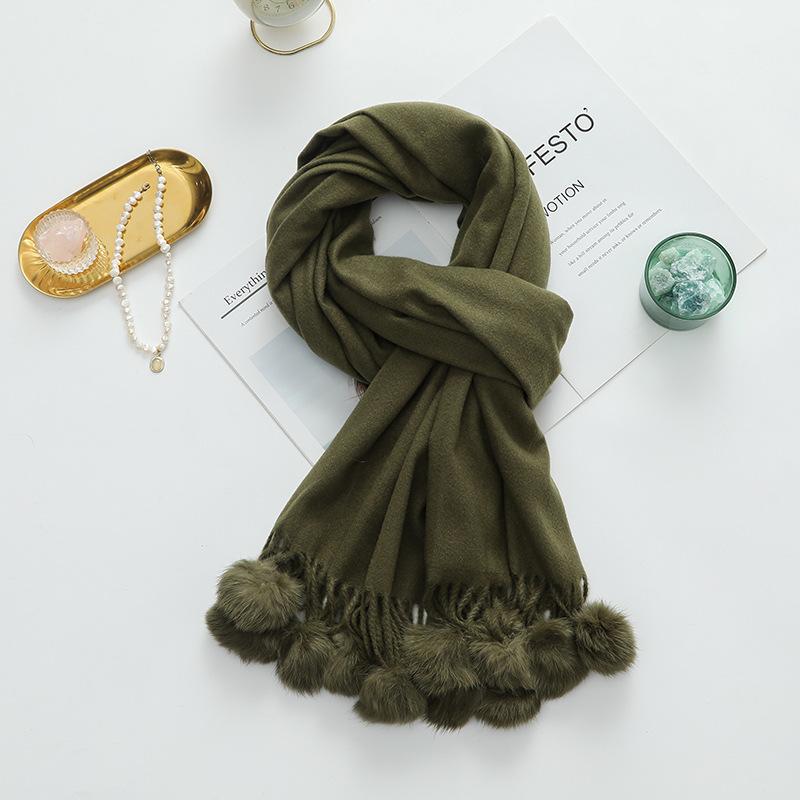 Милый женский шарф из искусственного кашемира, зимний теплый однотонный шарф-шаль с большим помпоном из кроличьего меха