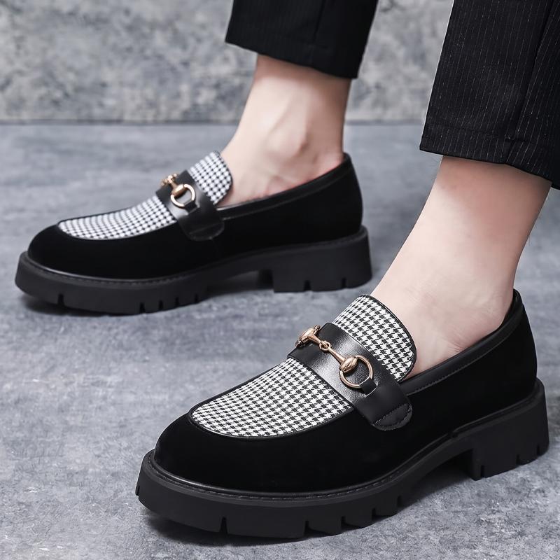 Men Punk Loafer Dress Elevator Shoes Height Increase Houndstooth Leather Shoes Thick Sole Platform Shoes Plus Size
