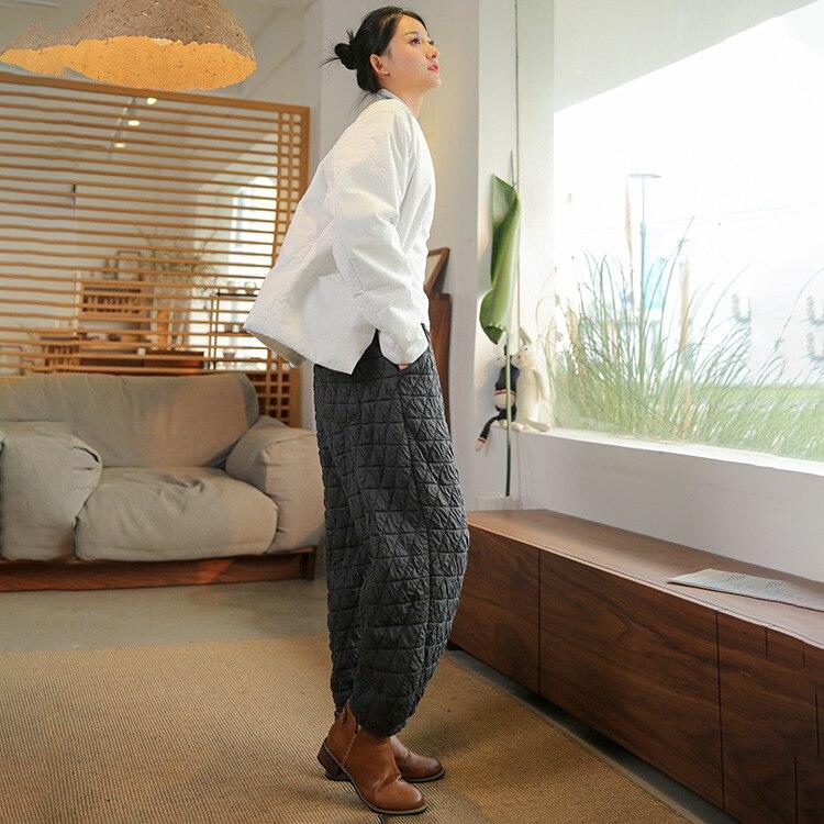 Johnature Quilted Thickened Women Bloomers Loose Elastic Quilted Cotton Trousers Winter Solid Color Casual Pants