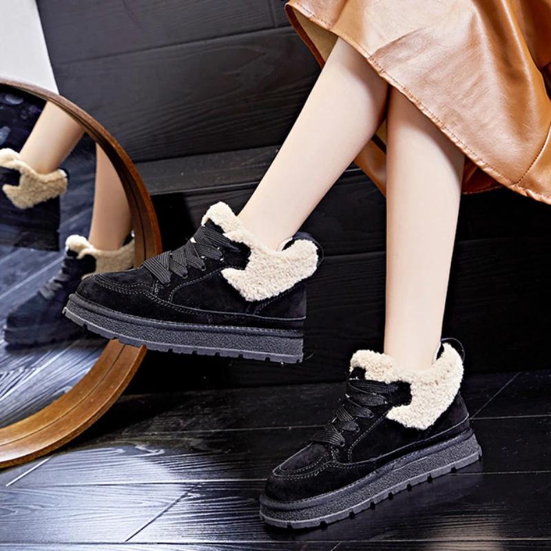 Женские ботинки для отдыха на плоской подошве с толстой подошвой и плоским дном, со шнуровкой, зимние плюшевые замшевые теплые меховые туфли для прогулок зимой