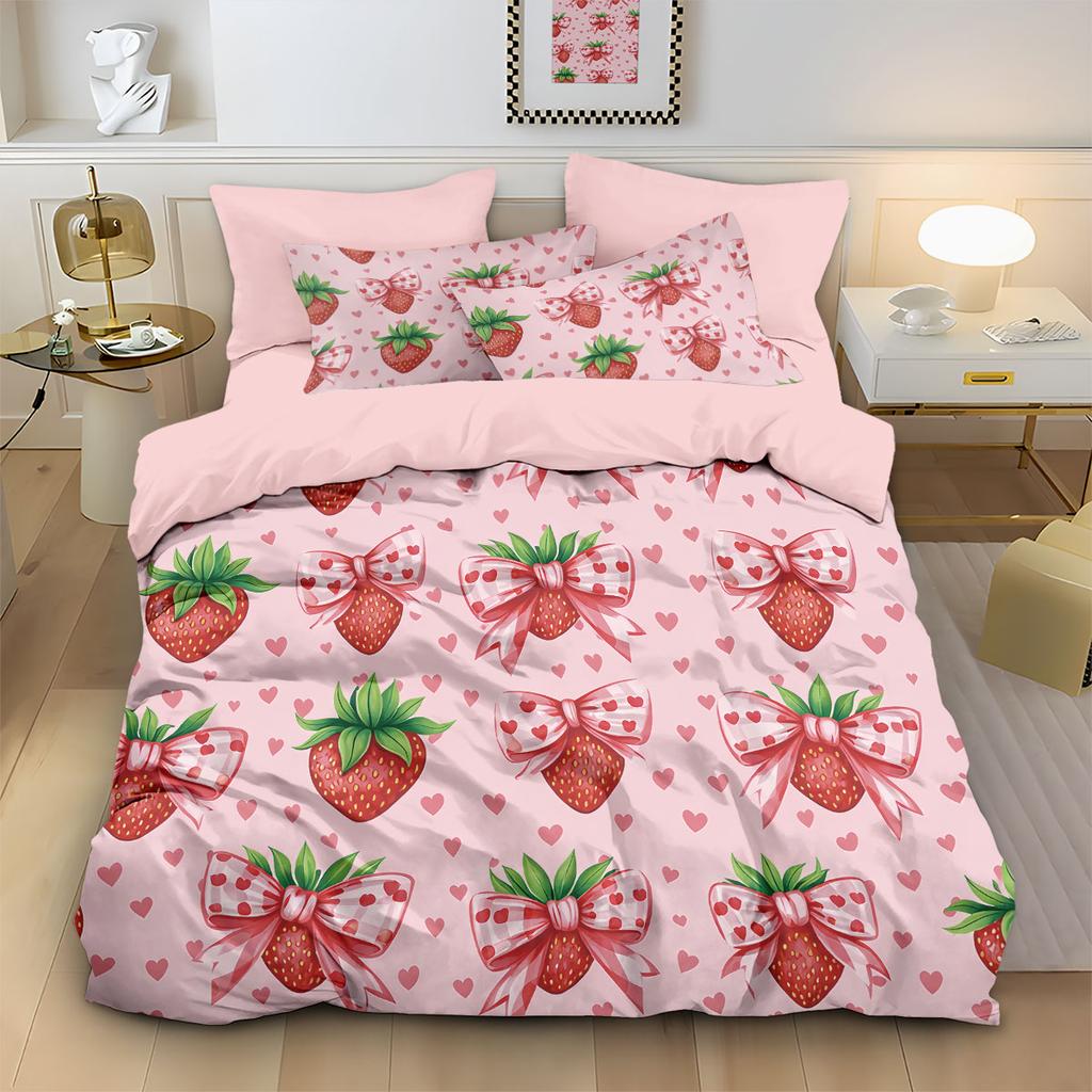 3Pcs Pink Strawberry Printed Coreless Duvet Cover Set Multiple Sizes Soft And Comfortable Bedding Decoration, Machine Washable