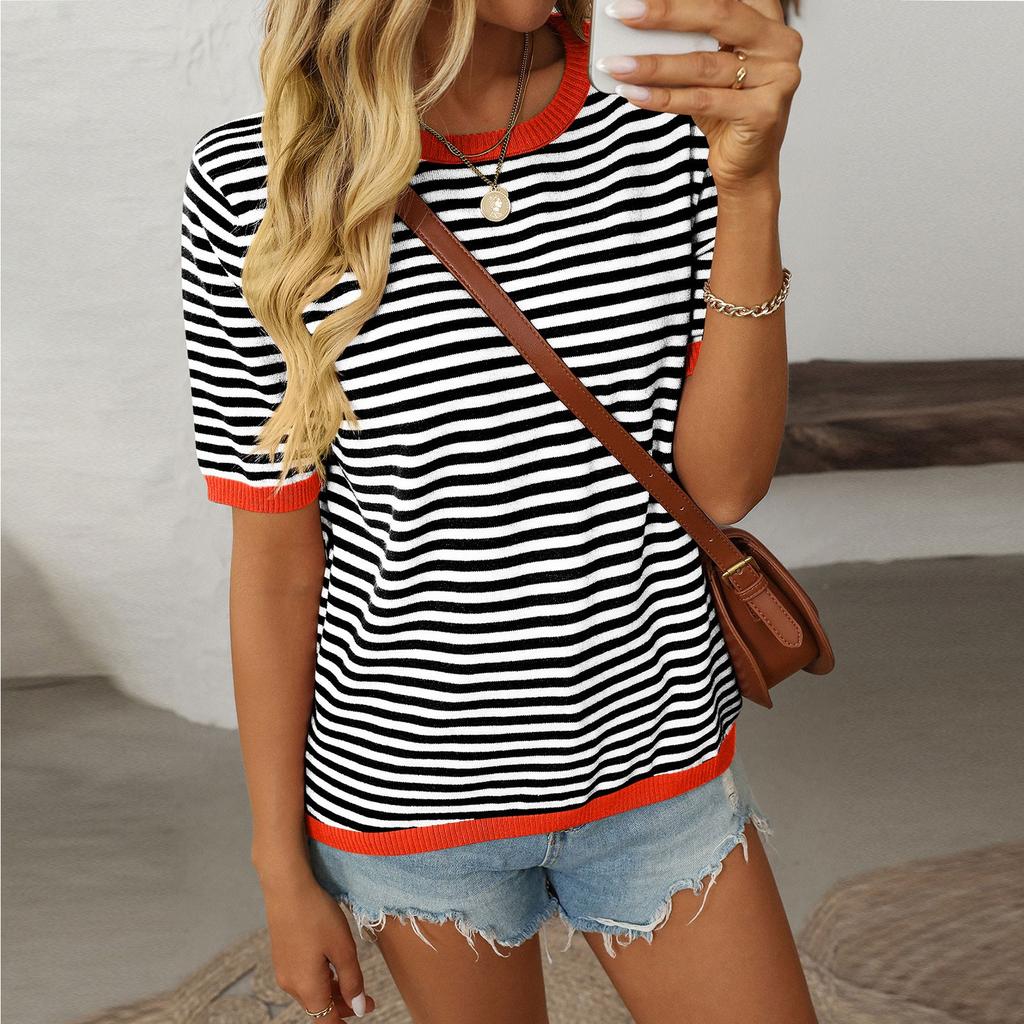 Женская модная свободная футболка с круглым вырезом в полоску с коротким рукавом и цветным узором