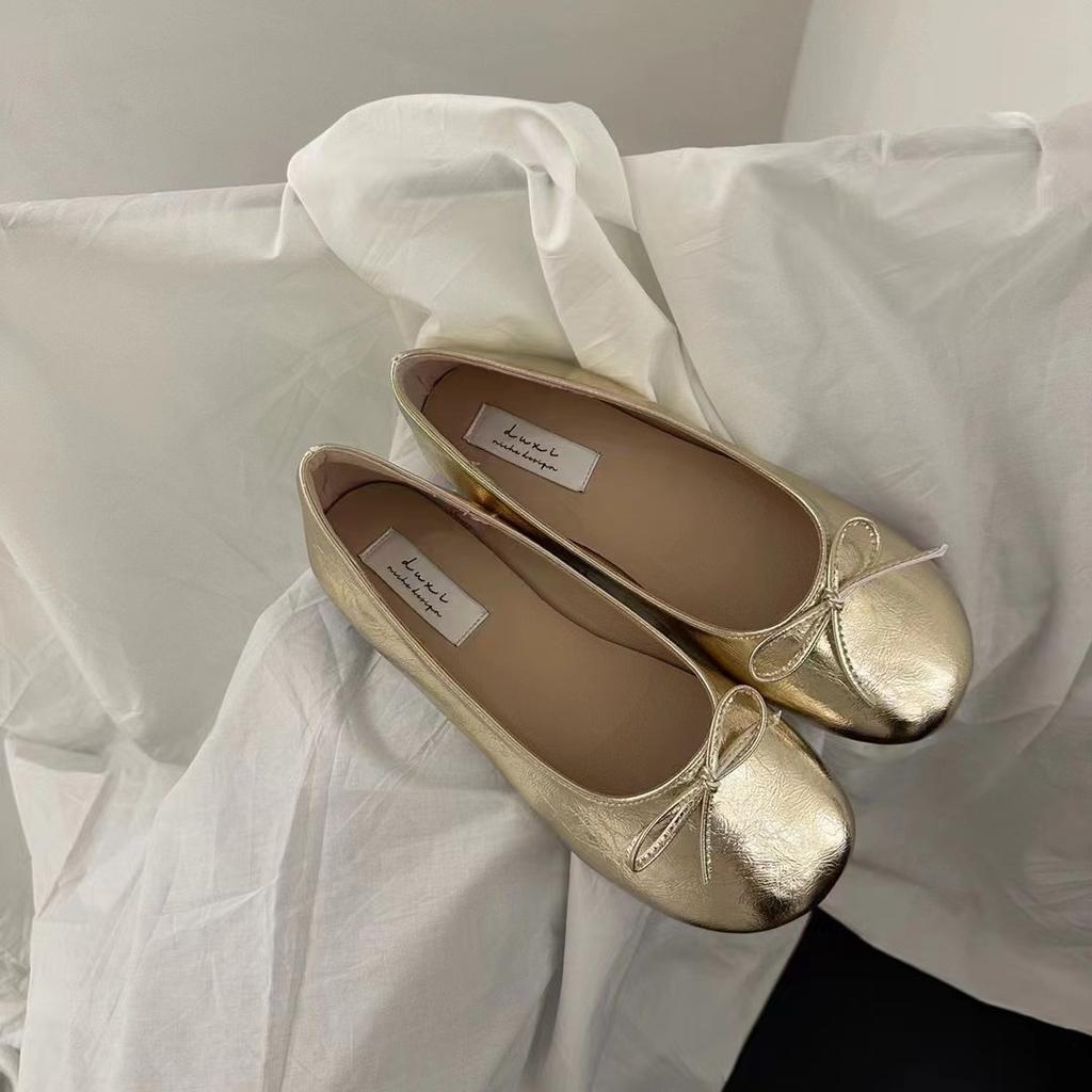 Серебристые одинарные туфли балетки бант круглый носок женские балетки ladyshoes
