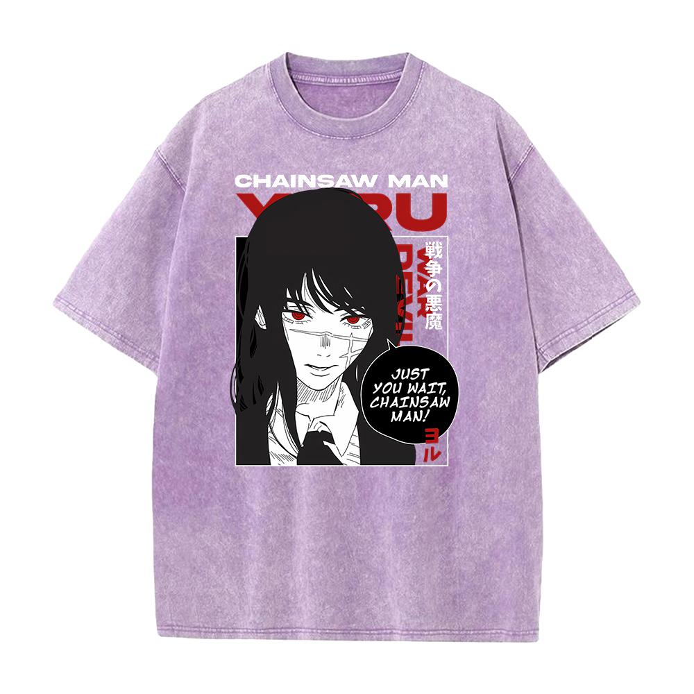 Hot Japanese Yoru Graphic T Shirt Chainsaw Man Anime Vintage Washed T-shirt Men Women Clothes Oversized Polyester Short Sleeve Tee