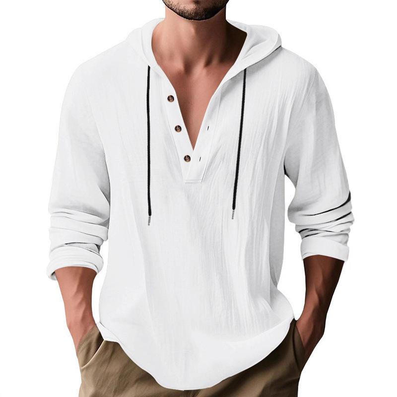Мужская легкая льняная рубашка-henley с капюшоном, повседневная, с длинным рукавом, на пуговицах, со шнурком, однотонная