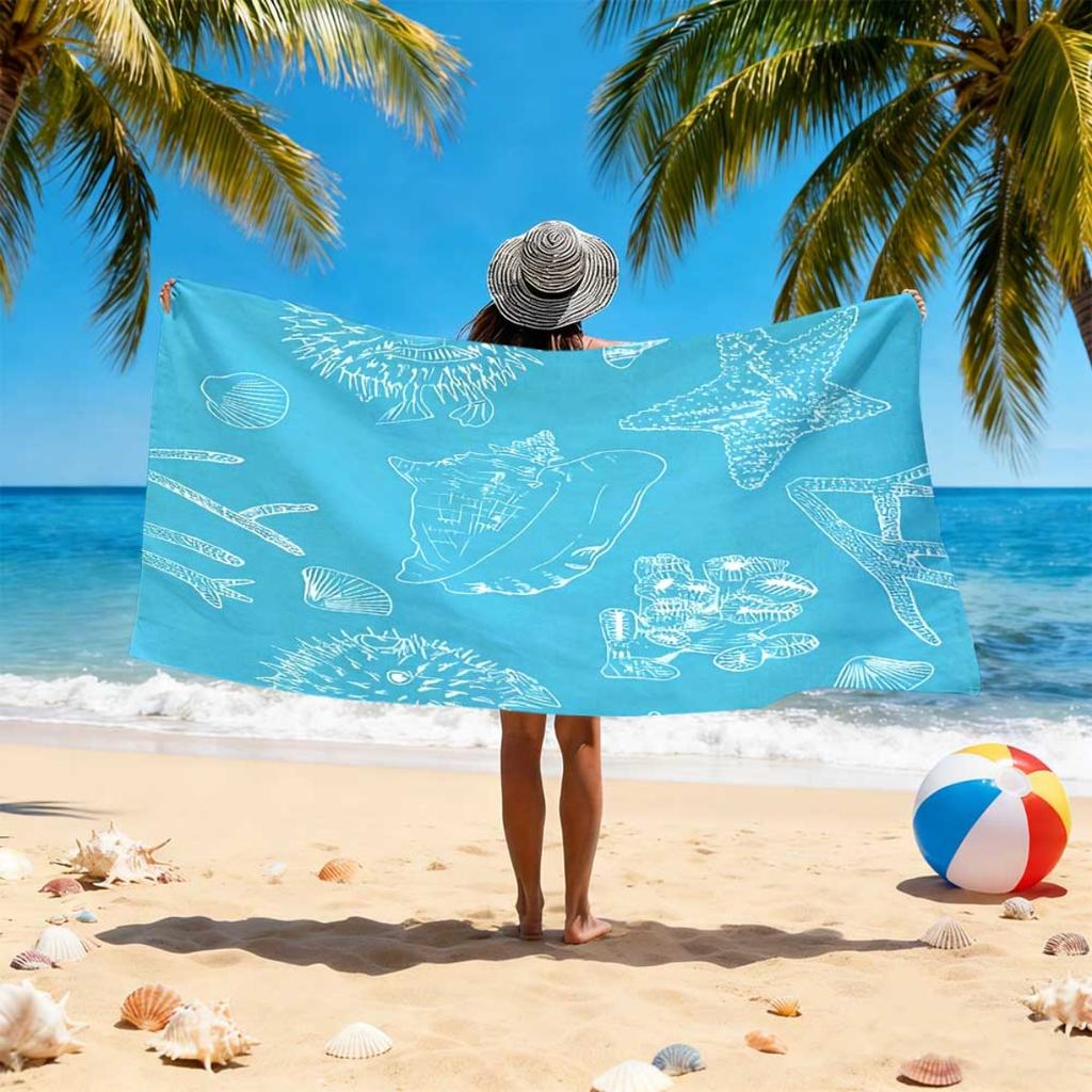 Blue Shell Starfish Microfiber Beach Towel 1 Piece Set 2D Flat Printed Sandproof Waterproof Holiday Sea Sunbed Lounger Towel