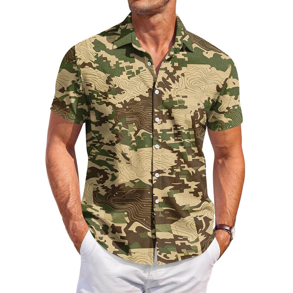 Men's Casual Short Sleeve Button Down Shirt Lightweight Breathable Fabric Regular Fit Summer Top with Camouflage Print Design