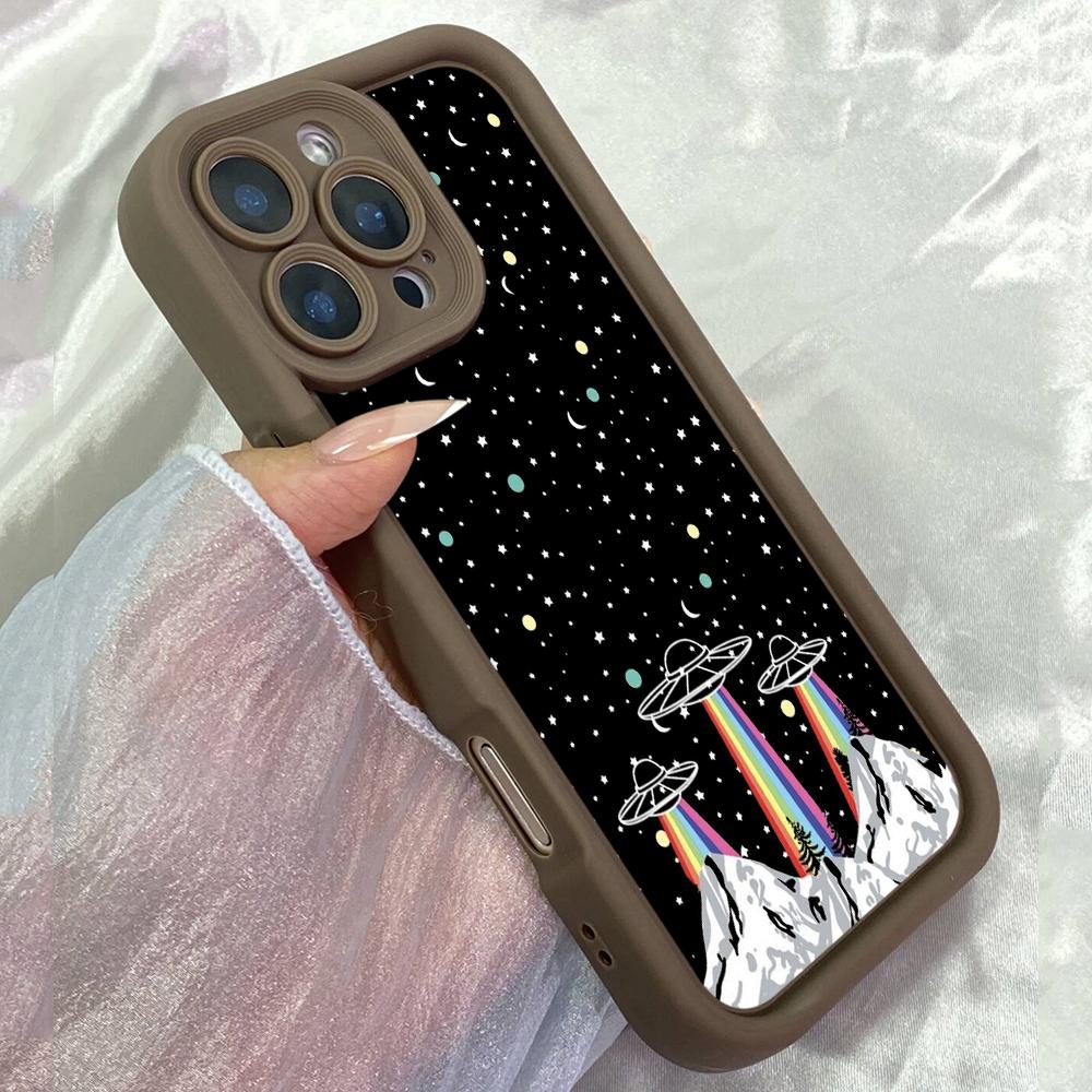JT444 Радужные горы инопланетяне космический корабль для iPhone 17 16 15 14 13 Pro Max Samsung S26 S25 Ultra A17 A07 A56 A16 A15 Xiaomi 15T Redmi 15c Мягкий чехол