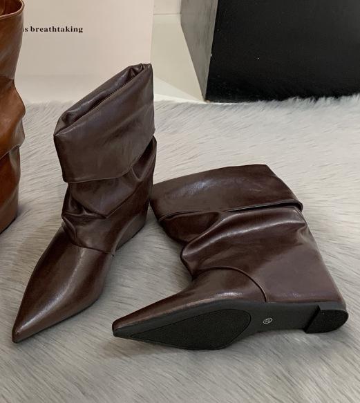 European and American new inner height increase pointed retro pleated stacking boots western cowboy wide tube medium tube boots folded thin boots