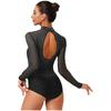 Womens Gymnastics Figure Skating Leotard Long Sleeve Sheer Mesh Sparkle Rhinestone Bodysuit