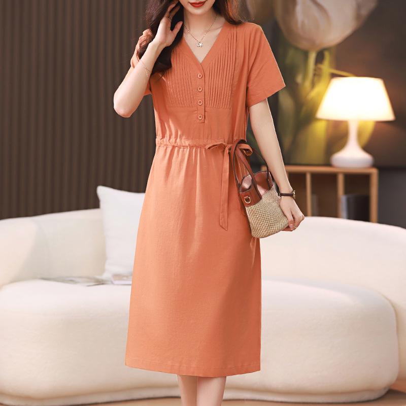 Летнее платье миди с V-образным вырезом, приталенное, из хлопка и льна, для женщин среднего возраста, 2025