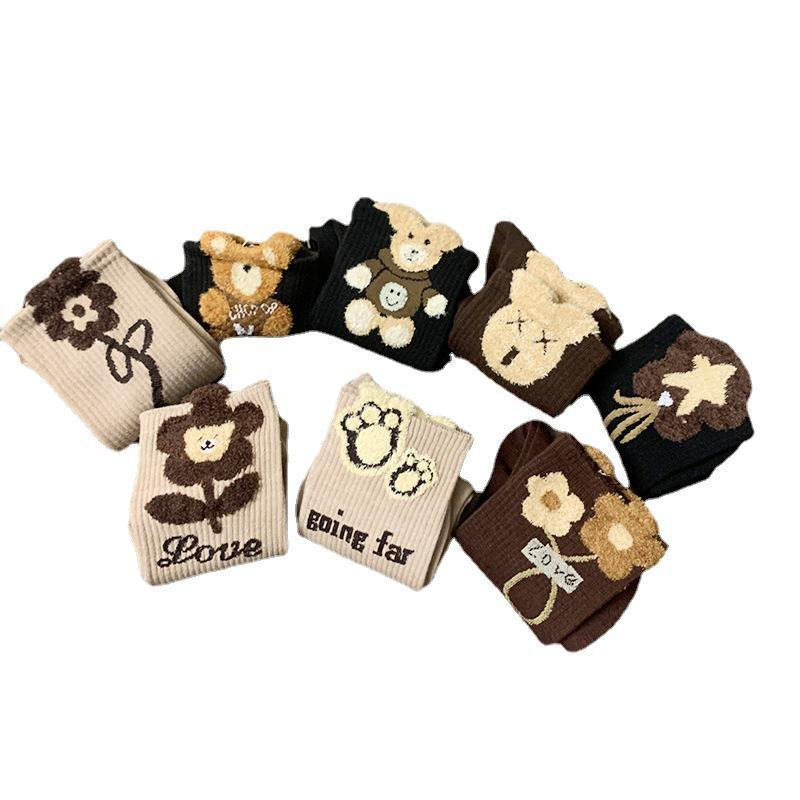 Женские модные носки средней длины с плюшевым медведем и цветком, осень/зима - Кофейный/черный