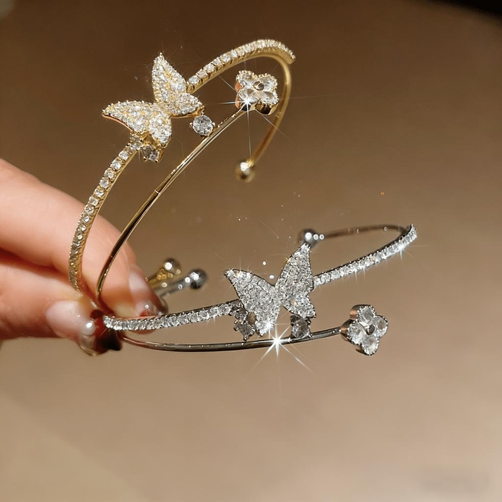 1pc Butterfly diamond-embellished open bracelet, light luxury sparkling diamond thin ring bracelet, available in two colors, exquisite and simple