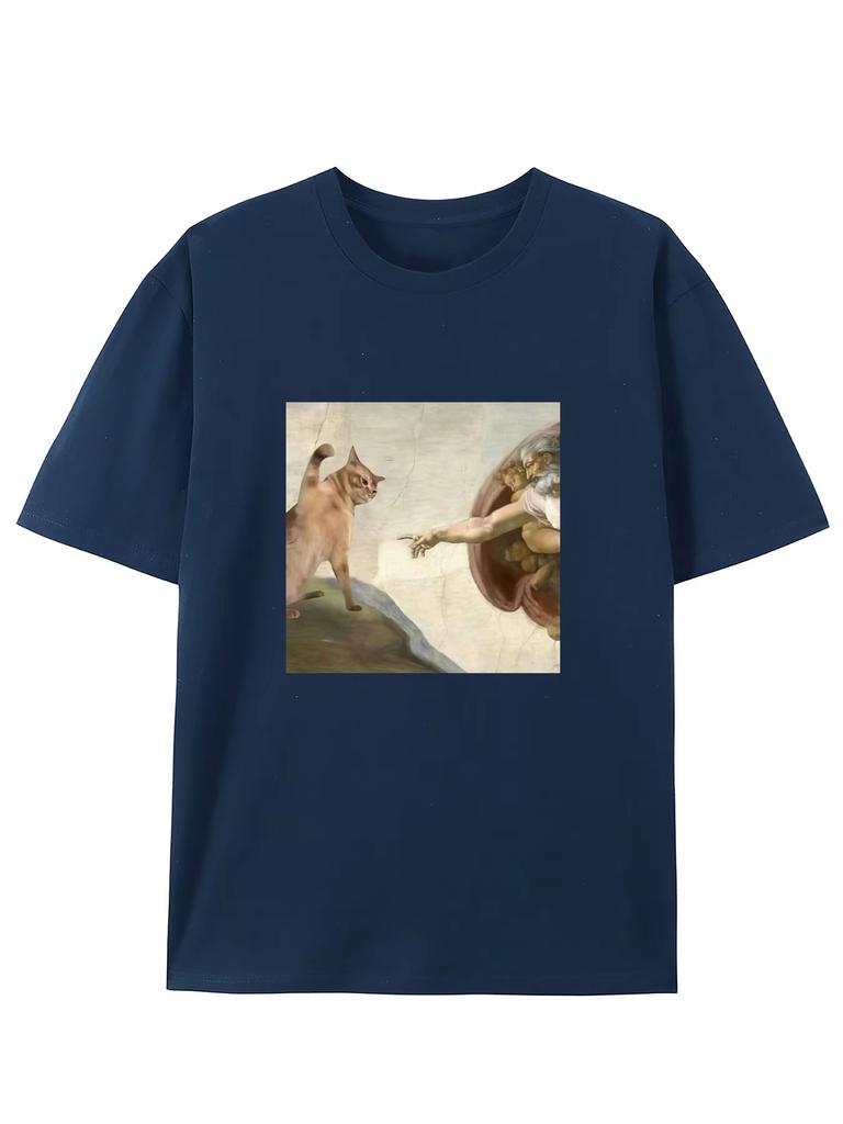 Humorous Cat and Adam Creation Parody Graphic T-Shirt Regular Fit Short Sleeve Pullover for Adult - Summer Casual Fashion Top